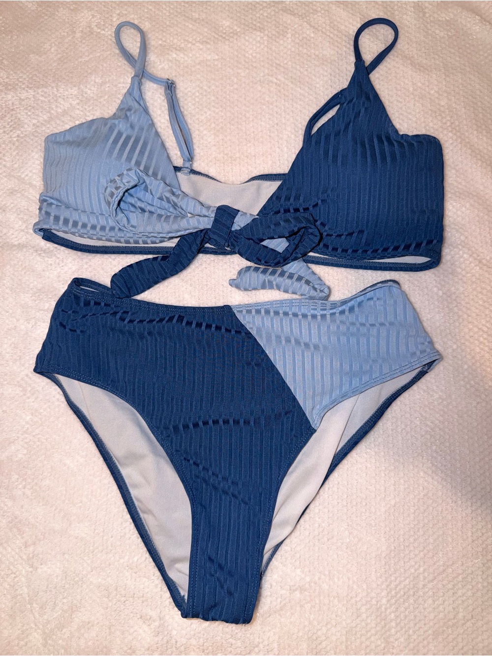SHEIN Two-Tone Navy and Light Blue Ribbed Tie-Front Bikini